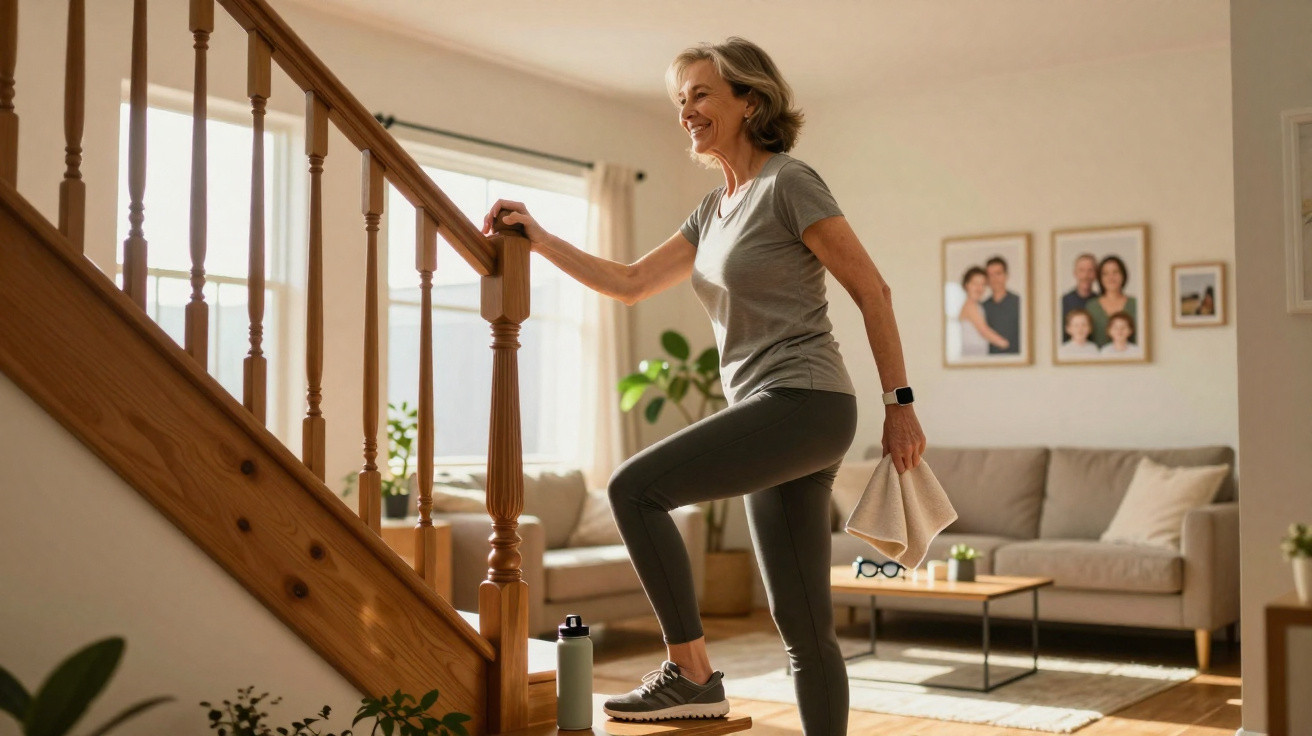 Femme âgée souriante faisant de l'exercice sur un step à côté d'un escalier dans un salon lumineux.