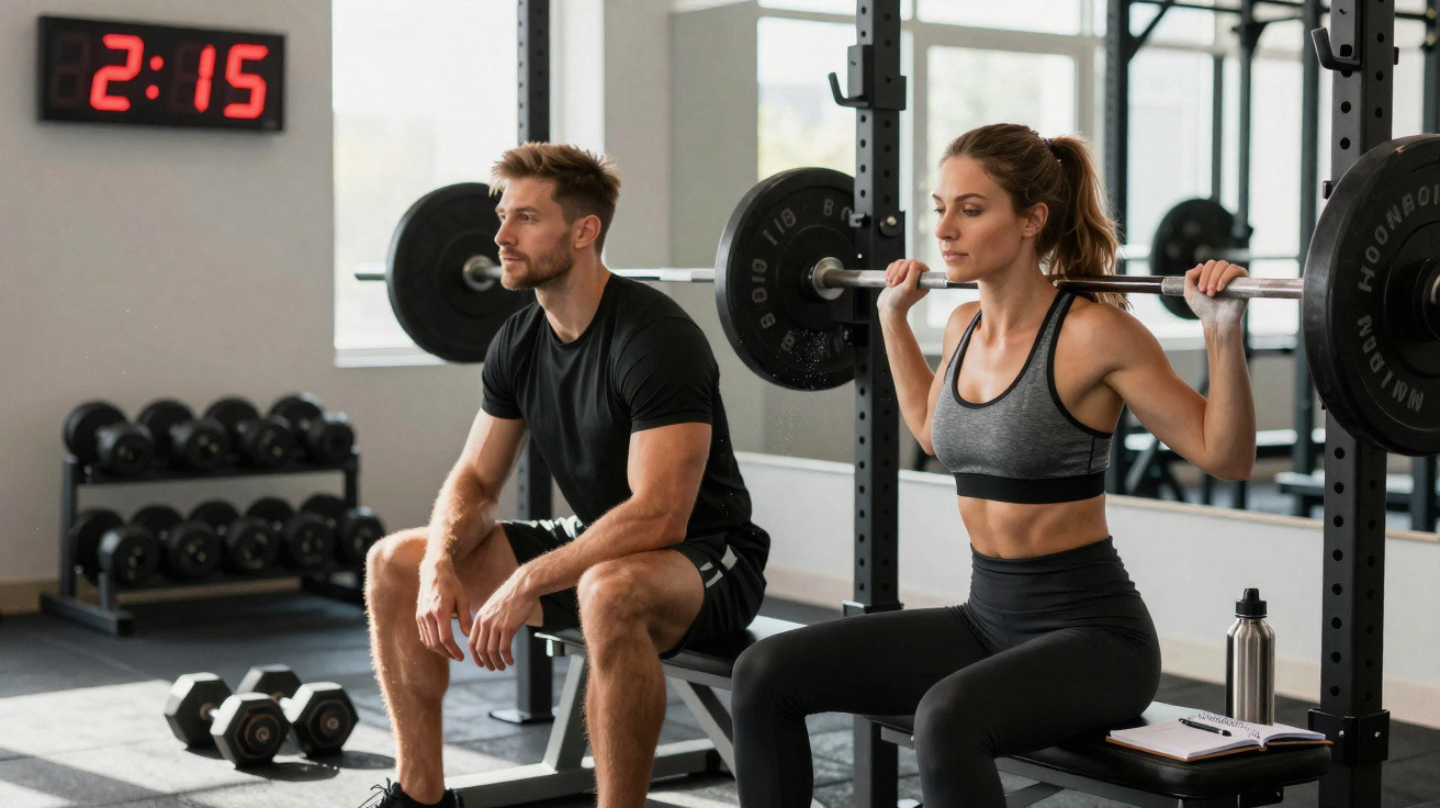 Un homme assis regarde une femme qui fait des squats avec une barre chargée dans une salle de sport.