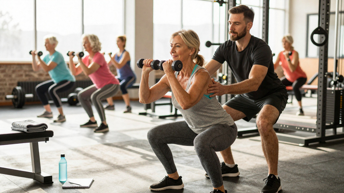 Groupe de personnes faisant des squats avec des haltères dans une salle de sport avec un coach assistant.
