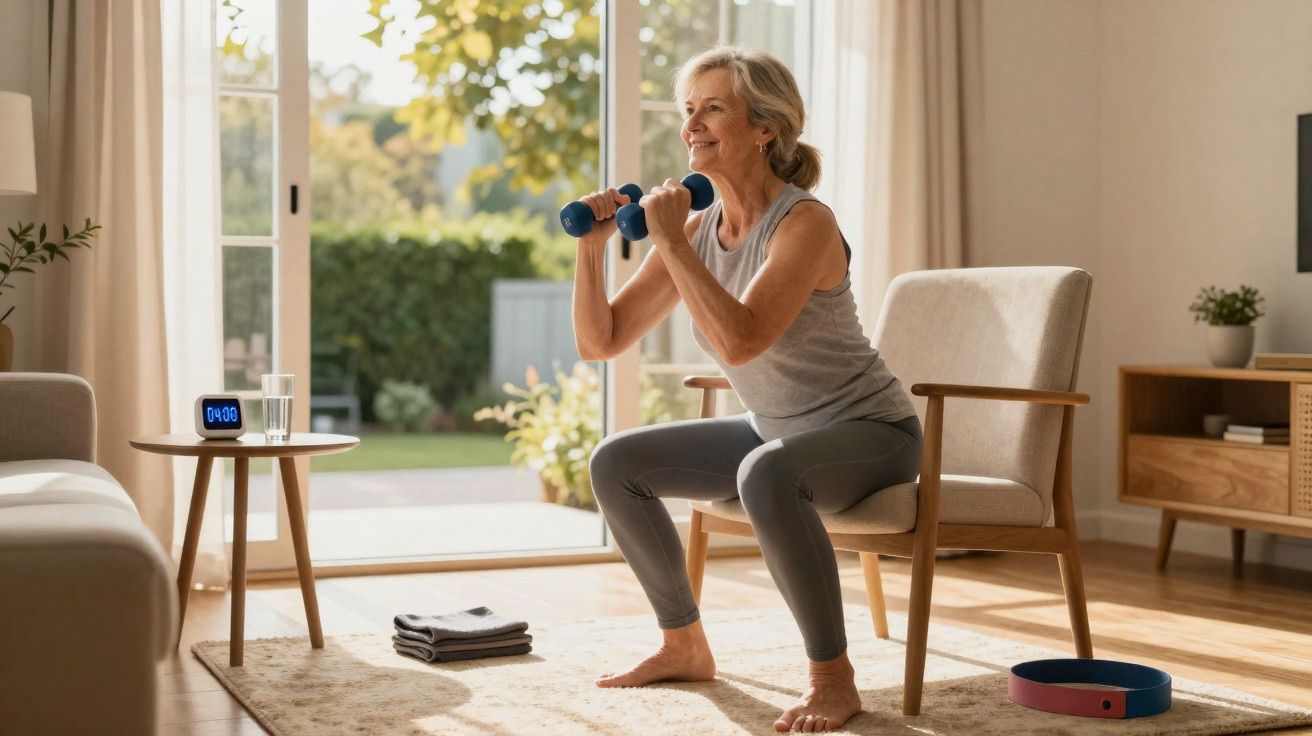 Femme senior faisant des squats avec des haltères dans un salon lumineux devant une porte-fenêtre ouverte.