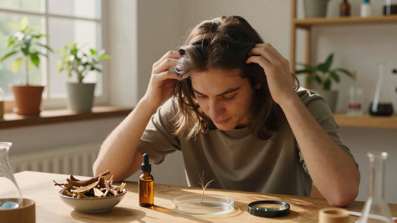 Jeune homme étudiant une petite plante dans une boîte de Pétri, entouré d’outils de laboratoire sur une table en bois.
