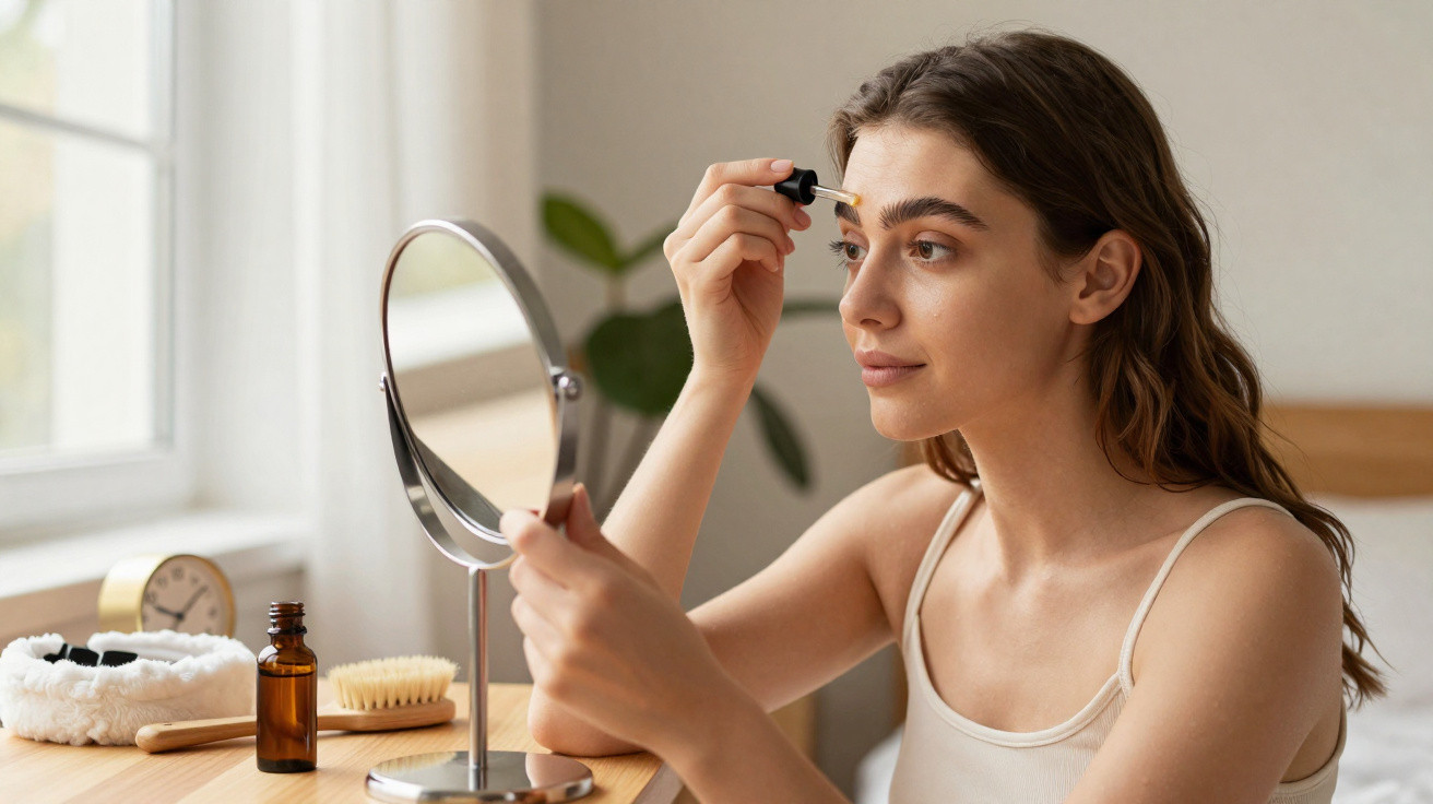 Jeune femme appliquant un sérum sur ses sourcils en se regardant dans un miroir de table.