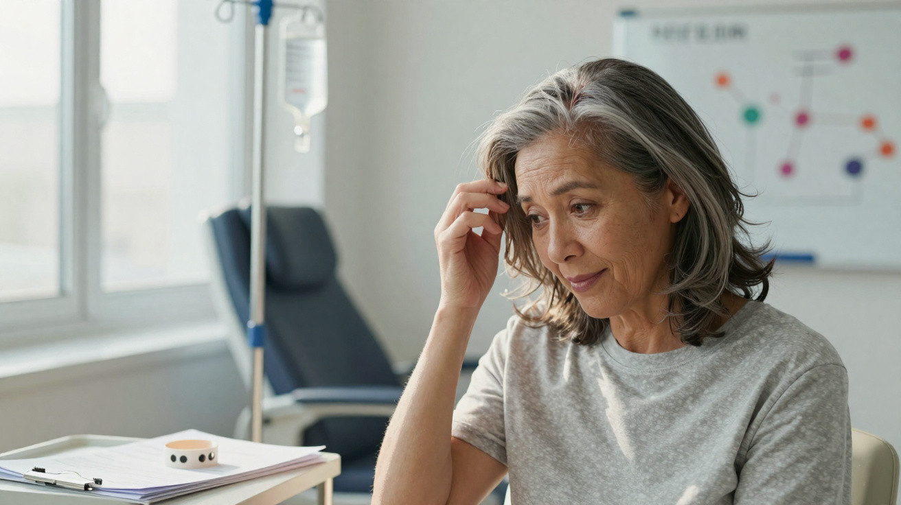 Femme âgée assise dans une salle d'attente médicale, l'air pensif, avec une perfusion en arrière-plan.