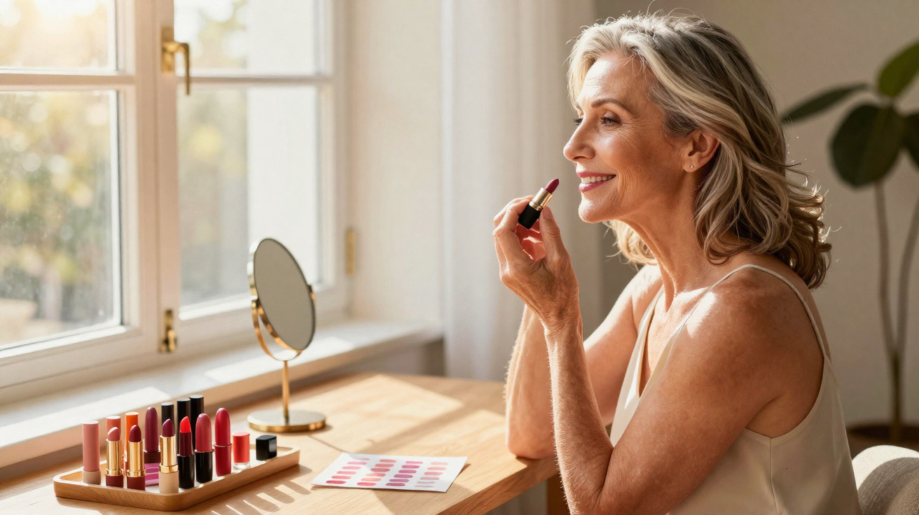 Femme souriante appliquant du rouge à lèvres assise à une coiffeuse près d'une fenêtre lumineuse.