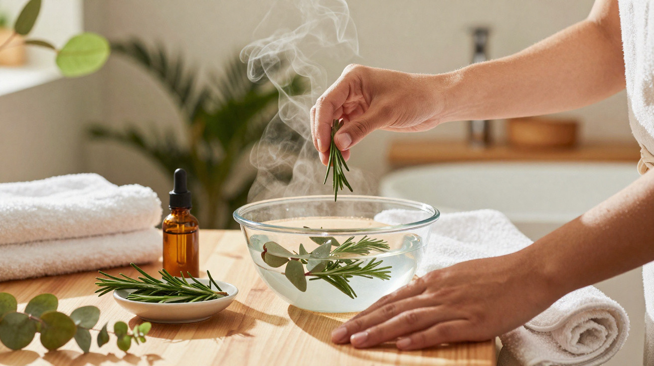 Main plongeant des herbes aromatiques dans un bol d'eau chaude fumante, ambiance bien-être et spa.
