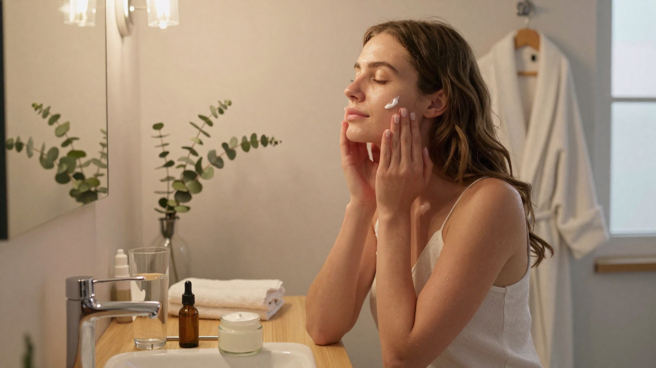 Femme appliquant une crème hydratante sur son visage dans une salle de bain lumineuse et apaisante.
