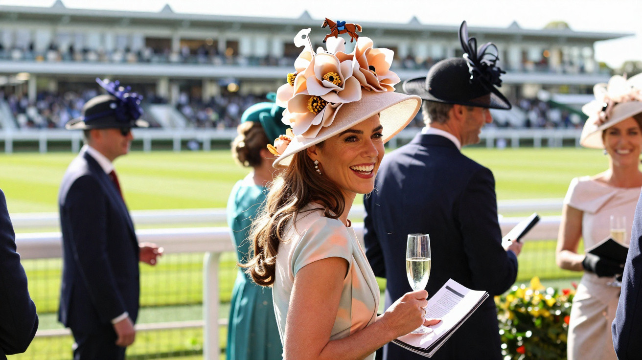 Femme souriante portant un chapeau original avec fleurs et figurines lors d'une course hippique.