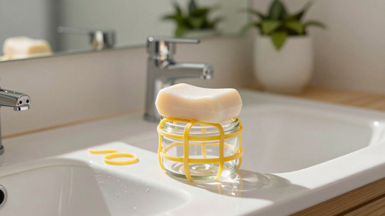 Savon blanc posé sur un porte-savon en silicone jaune, sur un lavabo avec robinet et plante floue en arrière-plan.