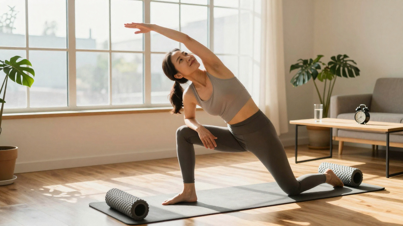 Femme pratiquant le yoga sur un tapis dans un salon lumineux, étirant son bras vers le plafond.