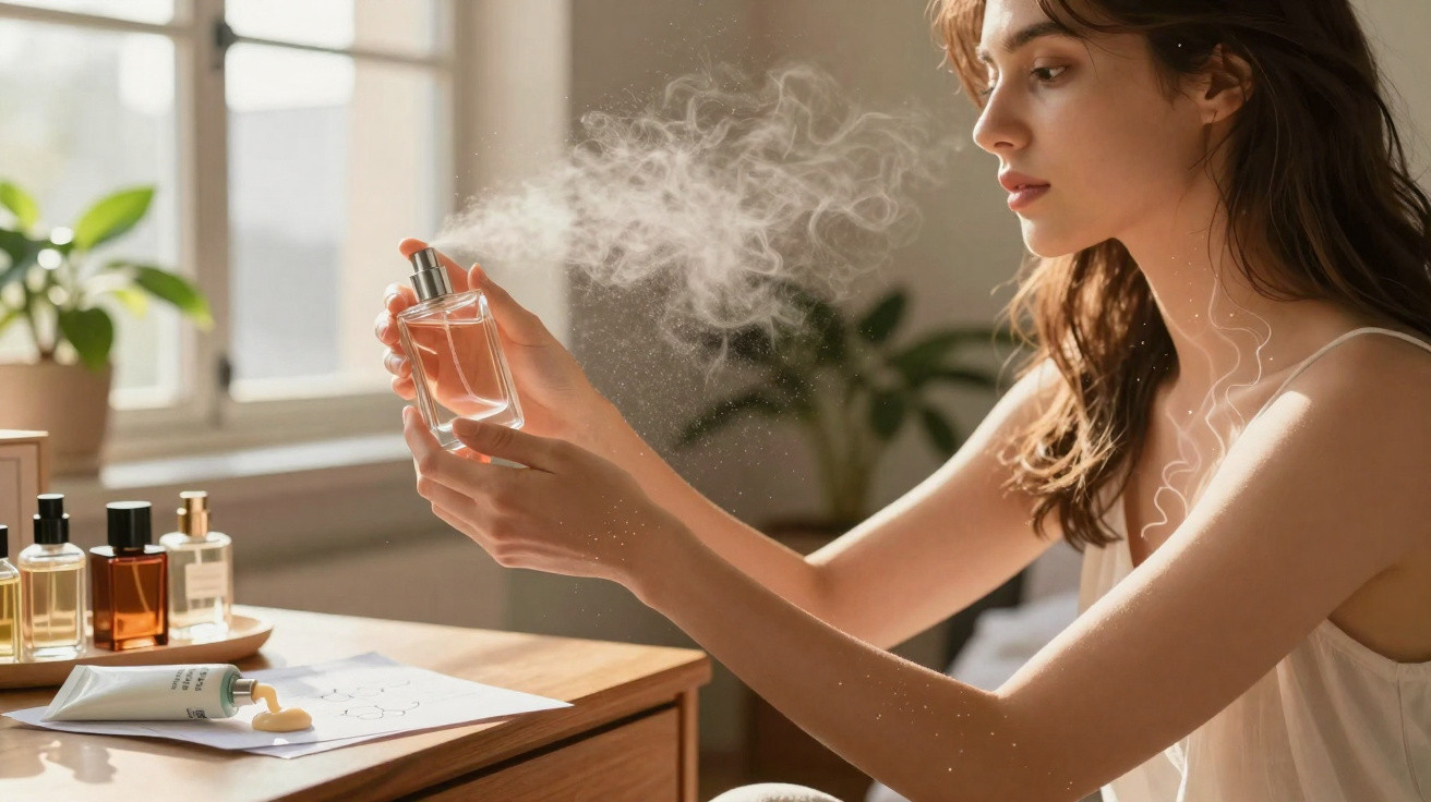 Femme vaporisant du parfum dans une pièce lumineuse avec plante et flacons sur une table en bois.