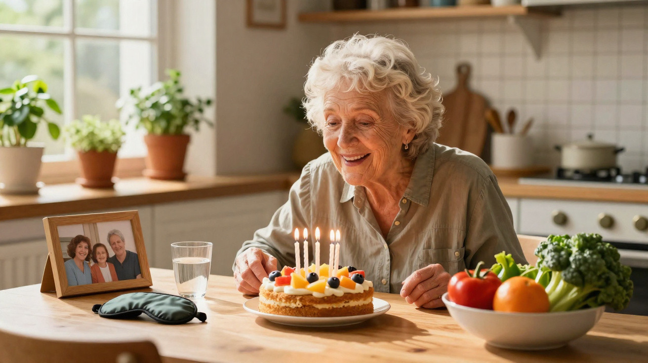 Femme âgée souriante soufflant les bougies d’un gâteau d’anniversaire dans une cuisine lumineuse.