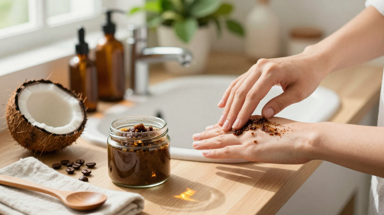 Mains appliquant un gommage corporel au café sur la peau, avec noix de coco et flacon en arrière-plan.