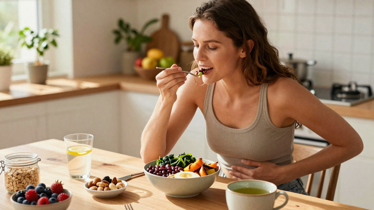 Femme mangeant une salade de fruits et légumes frais à la table de la cuisine lumineuse.