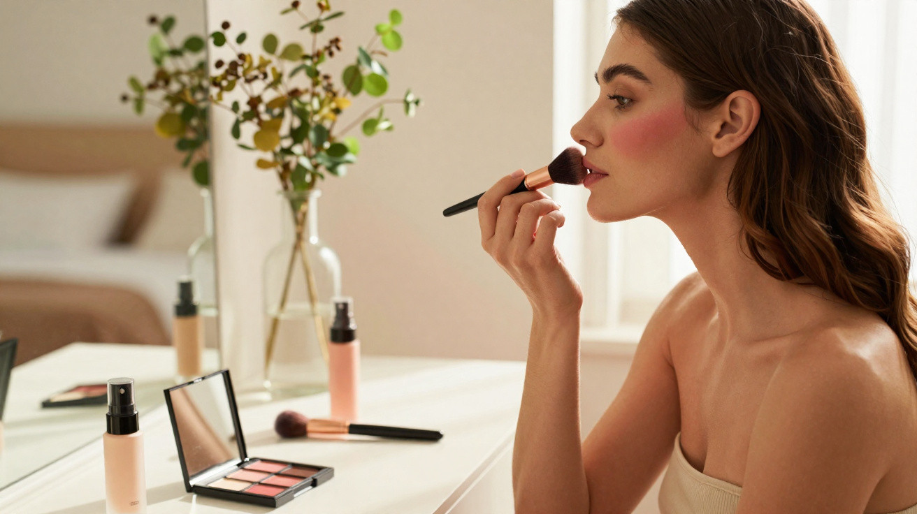 Jeune femme appliquant du maquillage au pinceau devant un miroir sur une coiffeuse blanche.