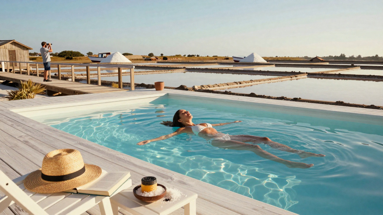 Femme en maillot blanc flottant dans une piscine au bord de marais salants sous un ciel clair.