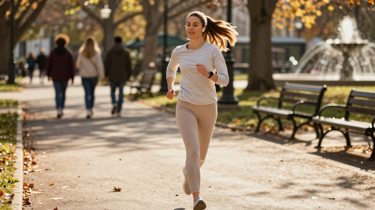 Jeune femme en tenue sportive courant dans un parc en automne avec des passants et des bancs en arrière-plan.