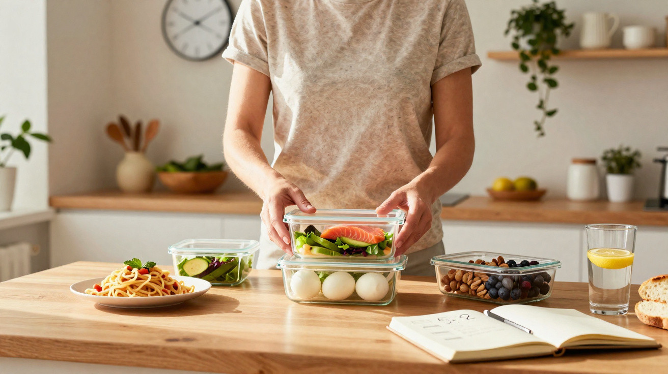 Personne range des repas sains dans des boîtes en verre sur une table de cuisine lumineuse.
