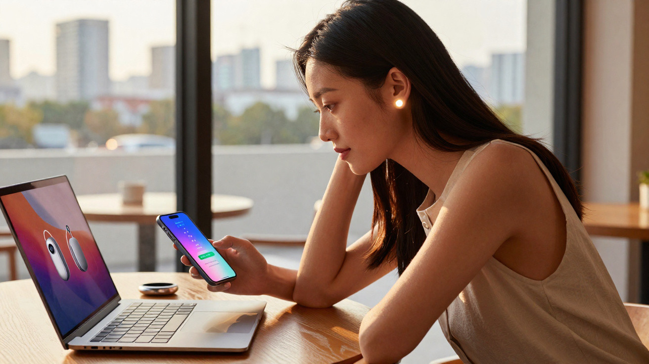 Femme utilisant un smartphone et un ordinateur portable avec une vue urbaine à travers la fenêtre.