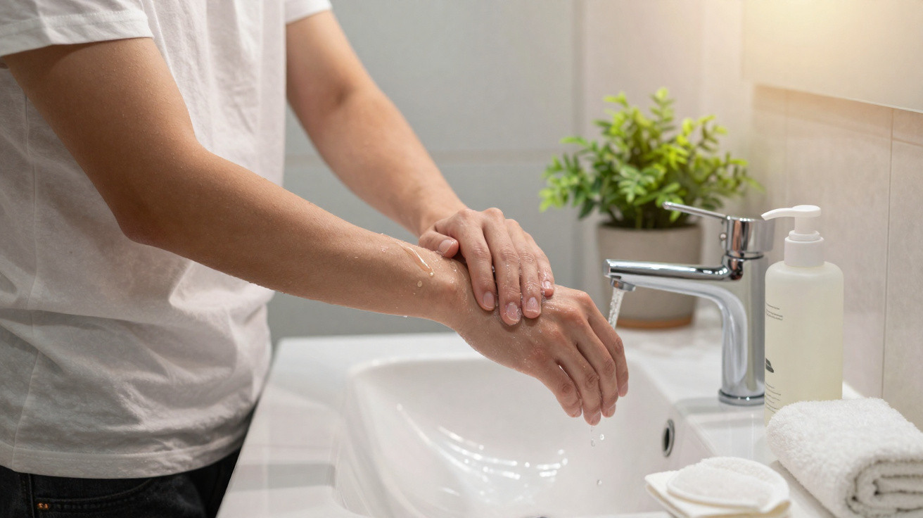 Personne se lavant les mains sous un robinet dans une salle de bain moderne avec plante verte.