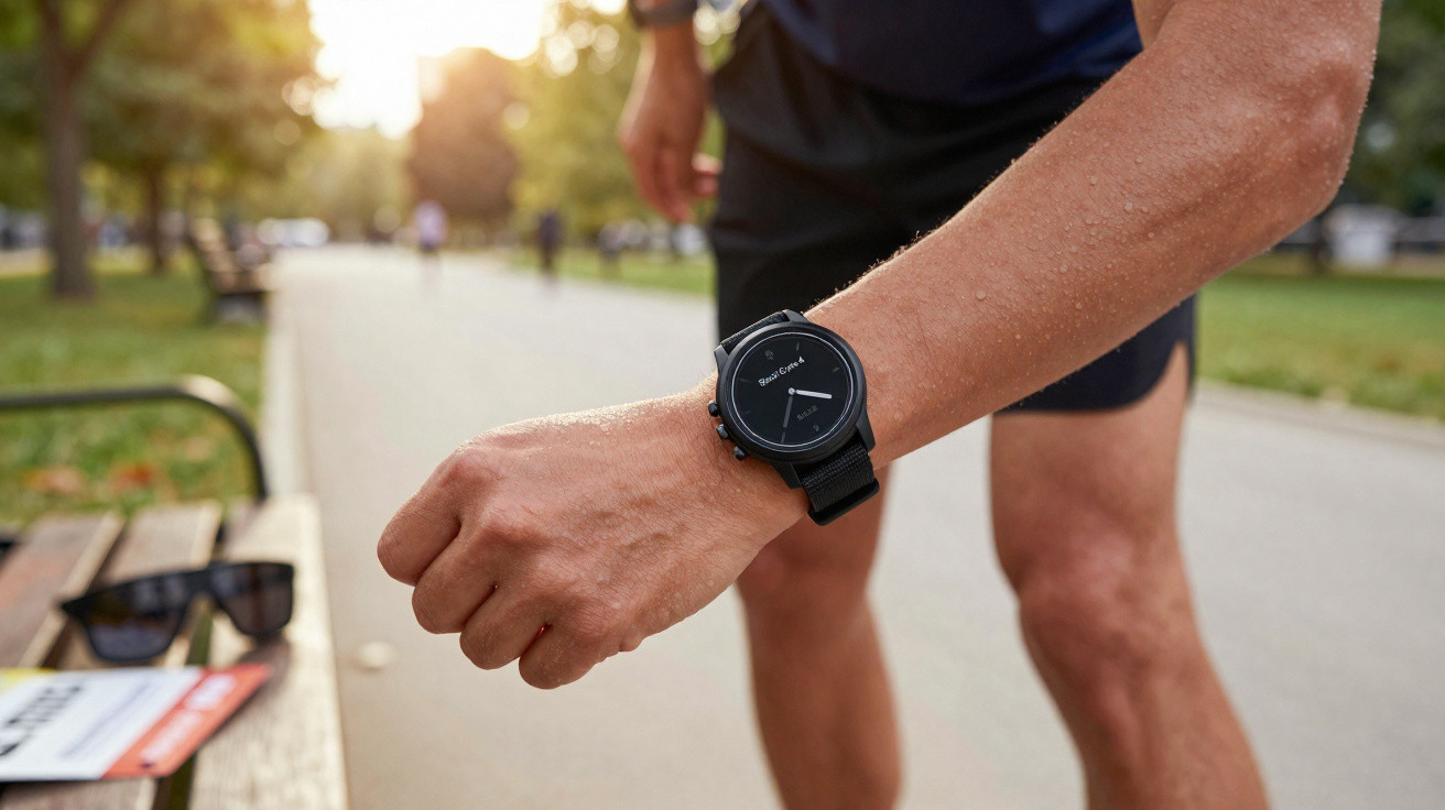 Homme en short vérifiant l’heure sur une montre noire lors d’une promenade ensoleillée au parc.
