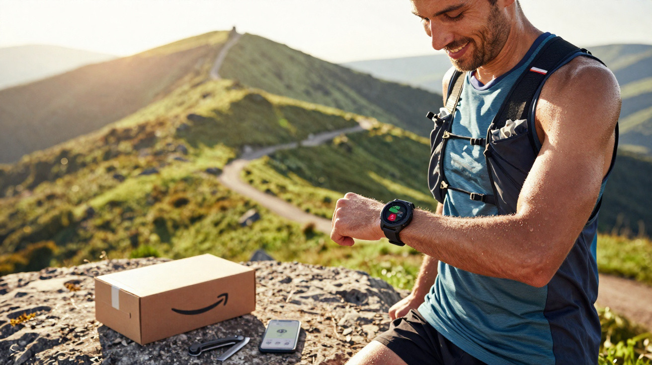 Homme assis sur un rocher en montagne, regarde sa montre connectée, avec un paquet Amazon et un téléphone à côté.