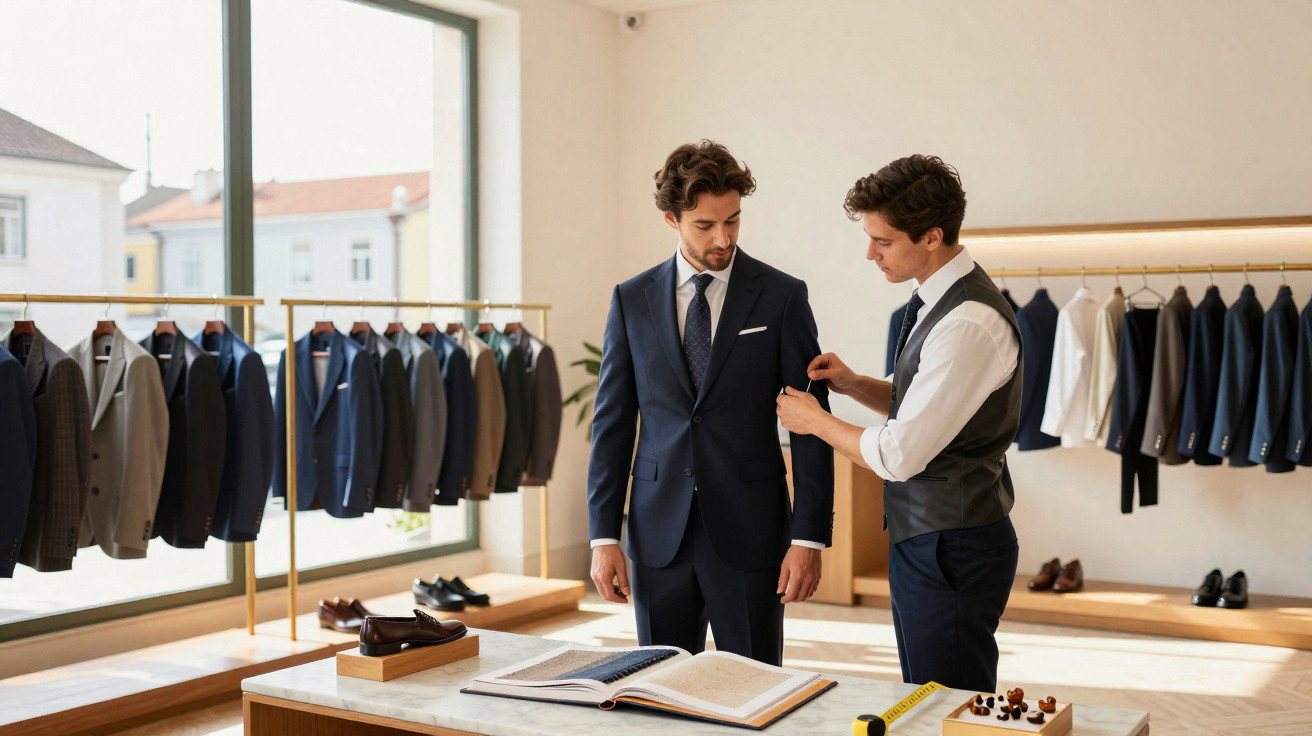 Essayage de costume sur mesure dans une boutique avec un tailleur ajustant la manche d’un client.