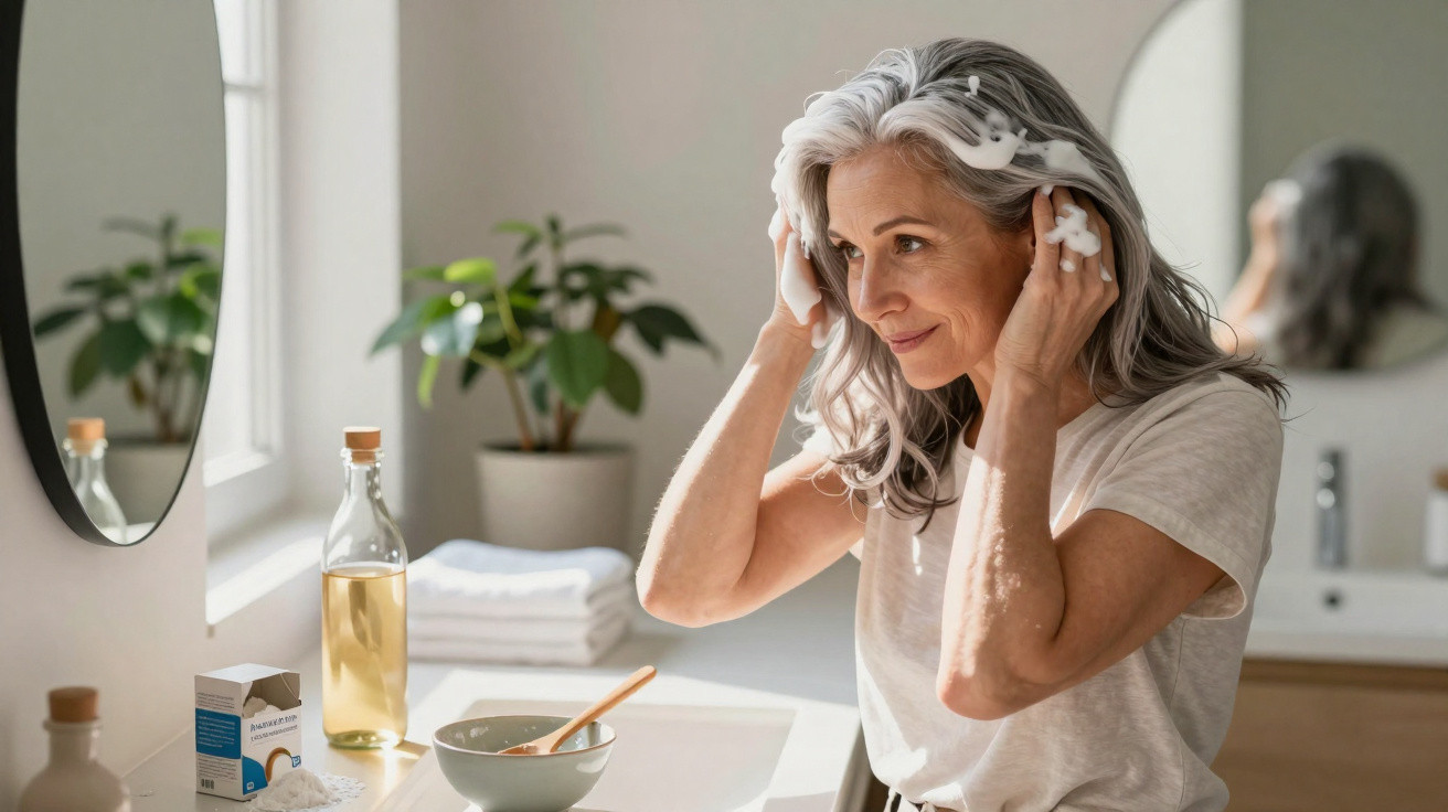 Femme aux cheveux gris appliquant une mousse coiffante devant un miroir dans une salle de bain lumineuse.