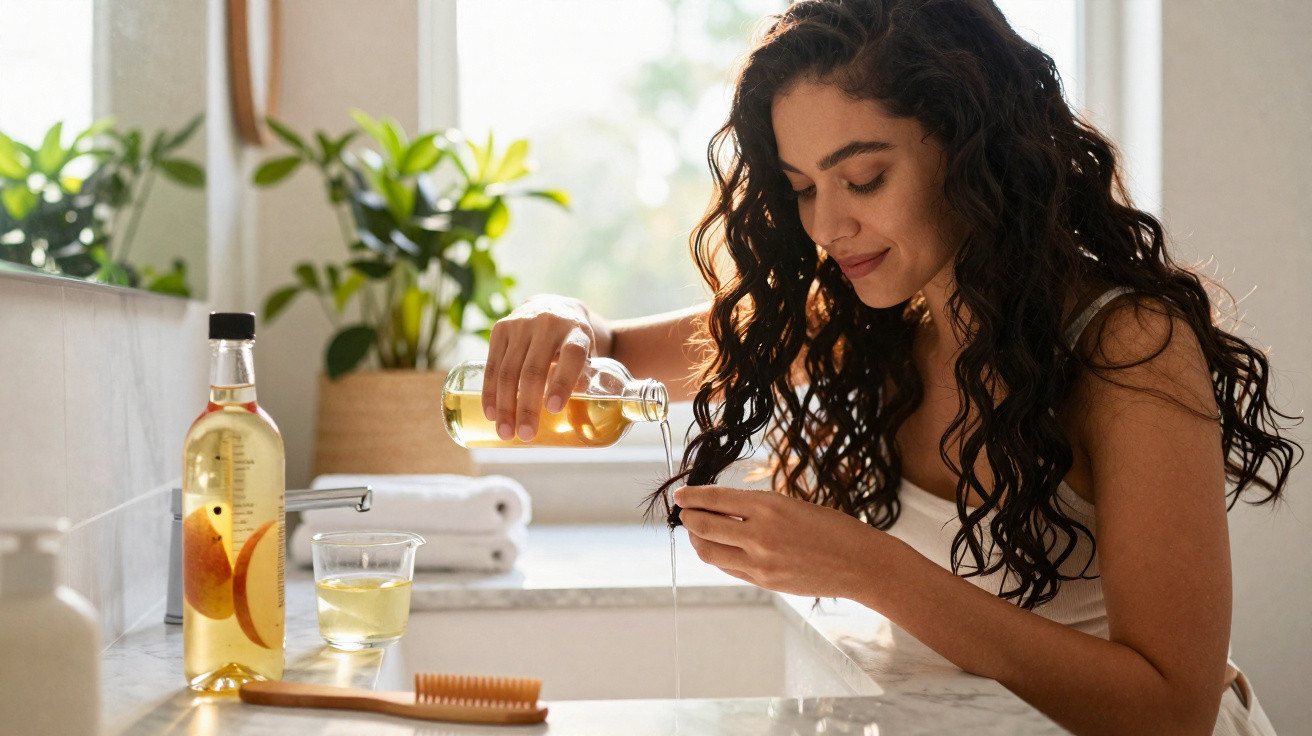 Femme versant de l'huile essentielle dans sa main dans une salle de bain lumineuse avec plantes et serviettes.