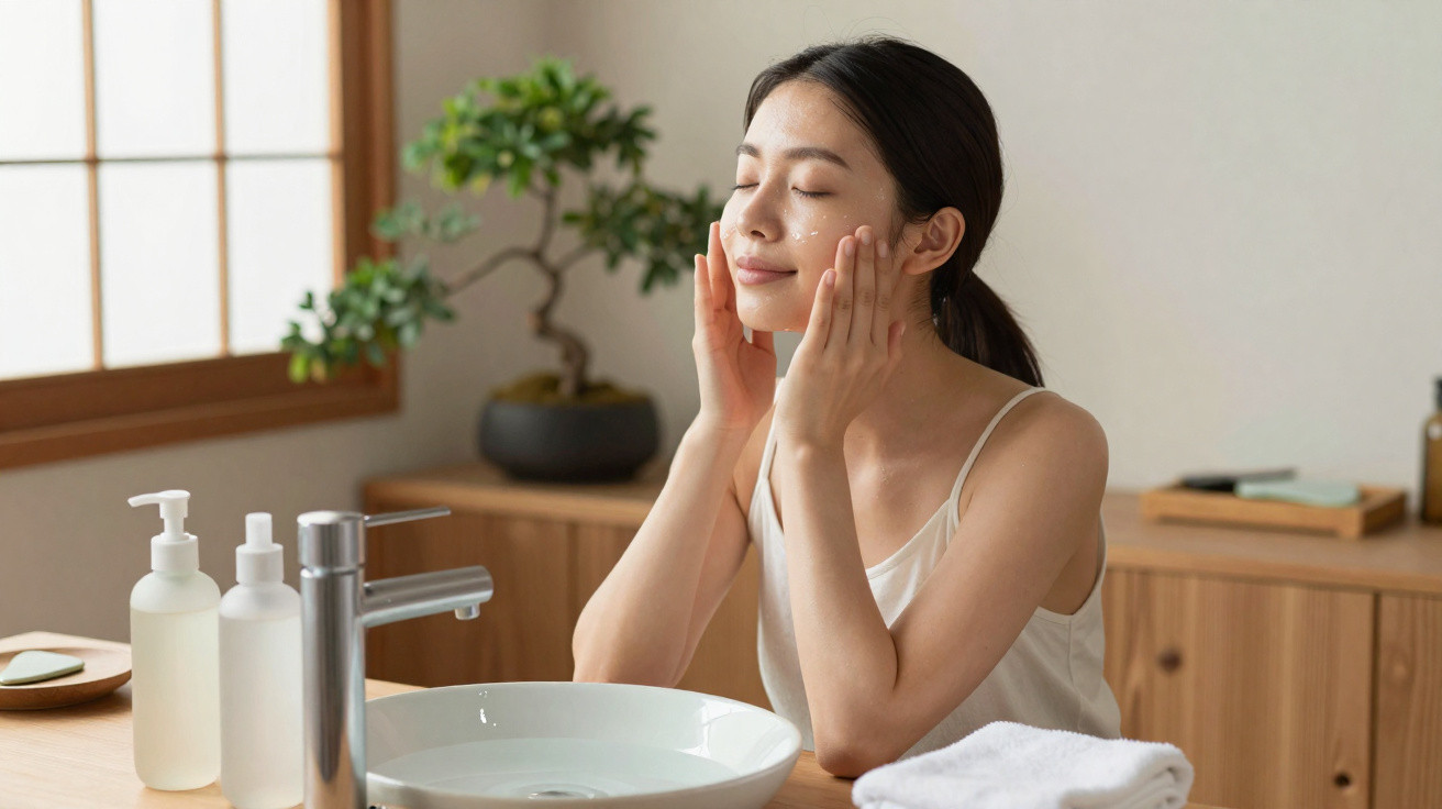 Jeune femme appliquant une crème hydratante sur le visage dans une salle de bain lumineuse et minimaliste.