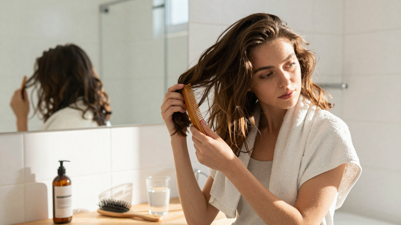 Femme coiffant ses cheveux humides avec un peigne dans une salle de bain lumineuse.