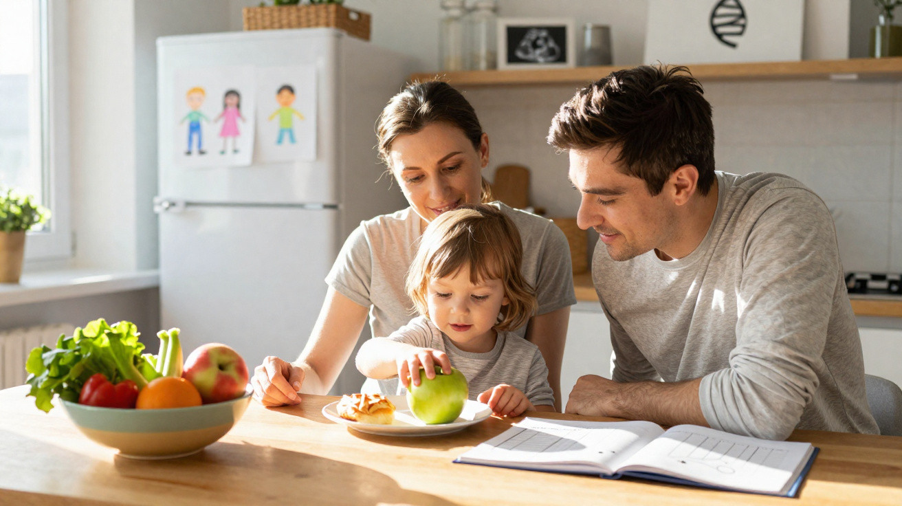 Une famille de trois personnes partage un moment autour d’une table avec des fruits et un cahier ouvert dans une cuisine lumi