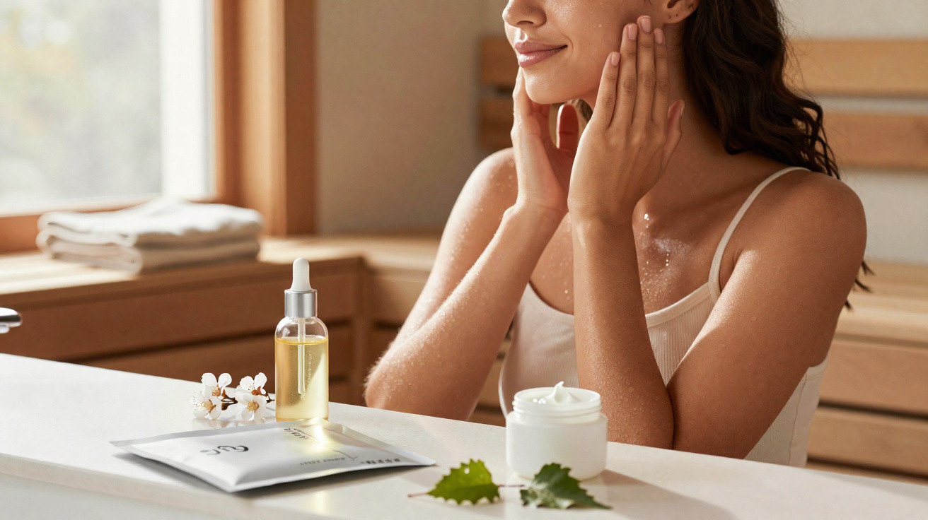 Femme appliquant un sérum visage dans une pièce lumineuse avec produits de soin et feuilles vertes sur une table.