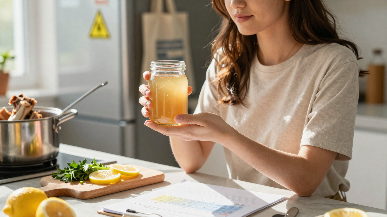 Femme tenant un bocal de boisson citronnée dans une cuisine lumineuse avec citron et herbes sur la table.