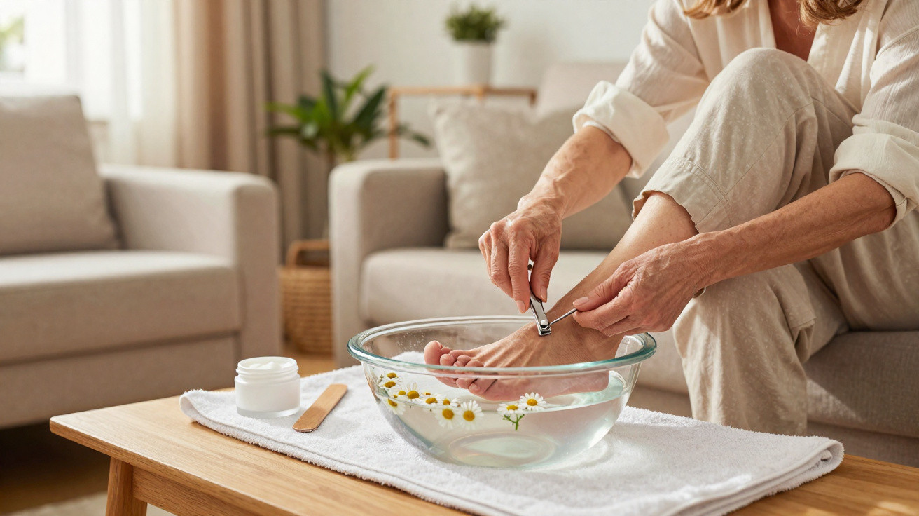 Personne coupant ses ongles de pieds au-dessus d'un bol d'eau avec des fleurs dans un salon lumineux.