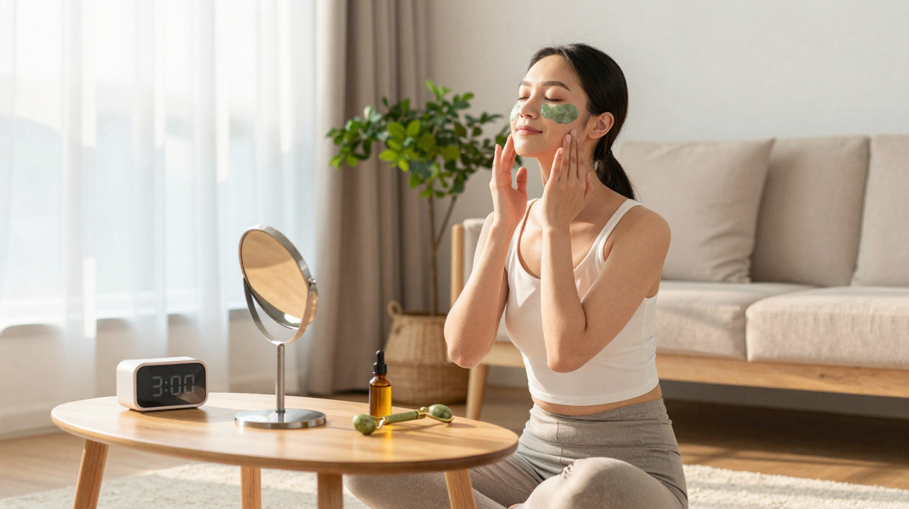 Femme appliquant un masque facial vert assise devant une table basse dans un salon lumineux.