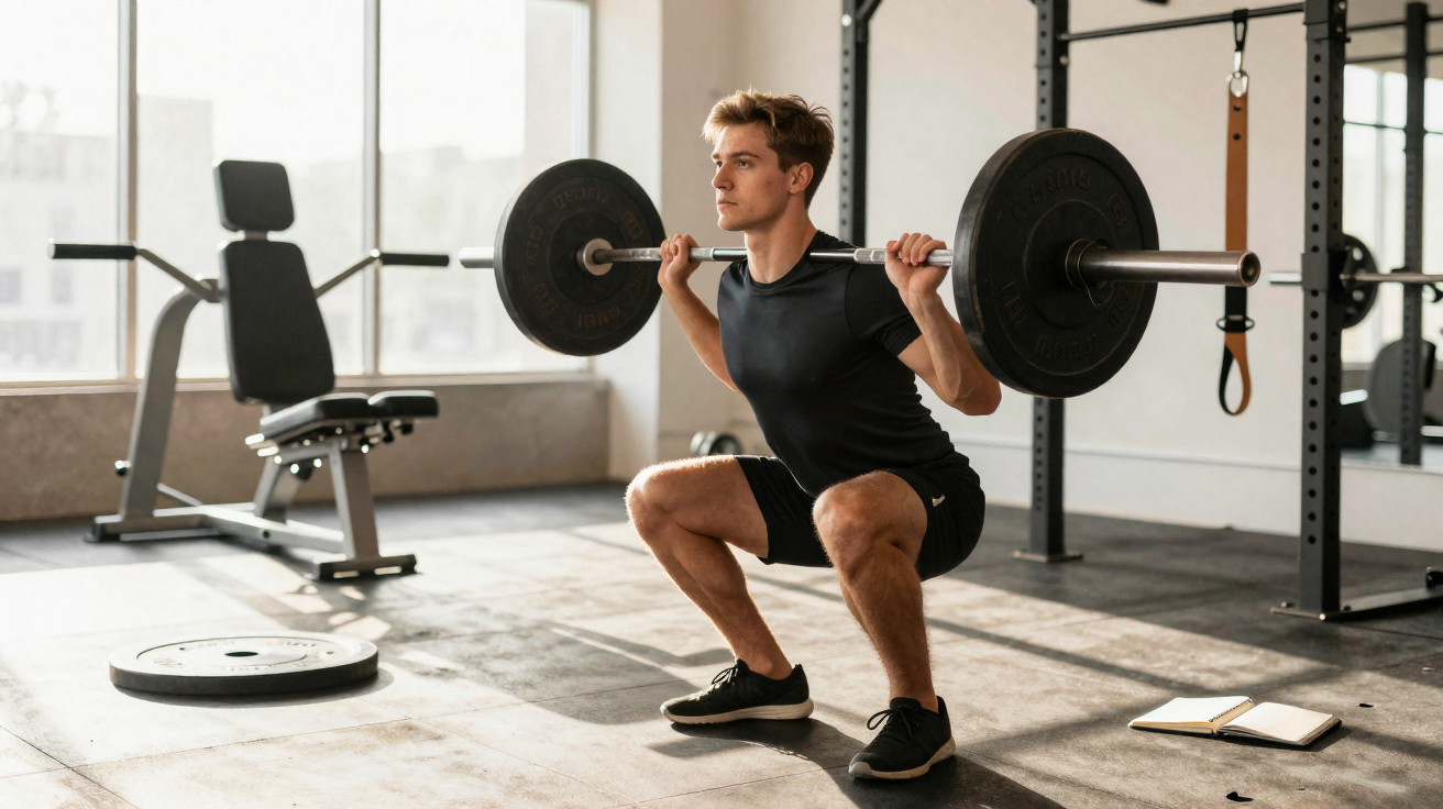 Jeune homme effectuant un squat avec une barre chargée dans une salle de sport lumineuse.