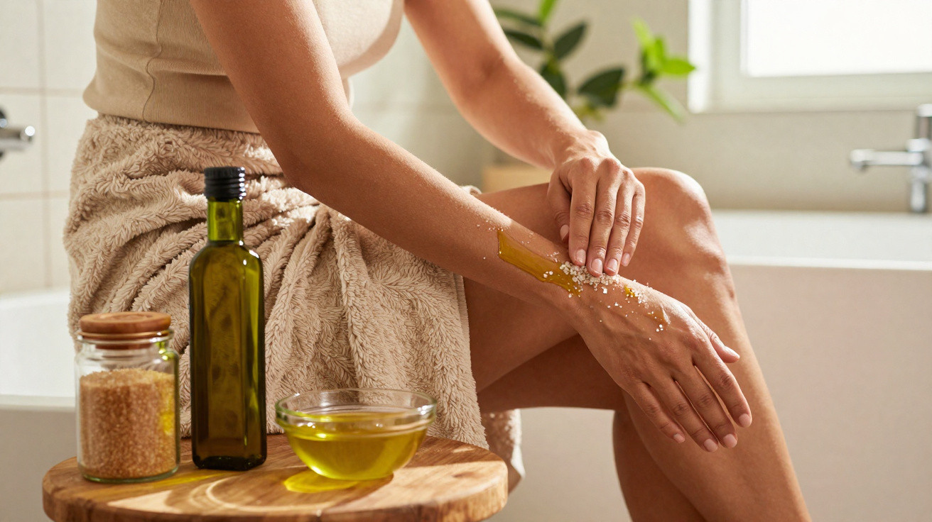 Une femme exfolie son bras avec du gommage au sucre et de l'huile d'olive assise près d'une baignoire.