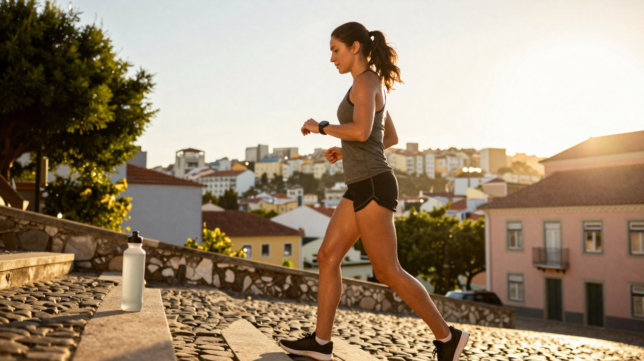 Femme en tenue de sport montant des marches en extérieur au coucher du soleil avec une bouteille d'eau posée.