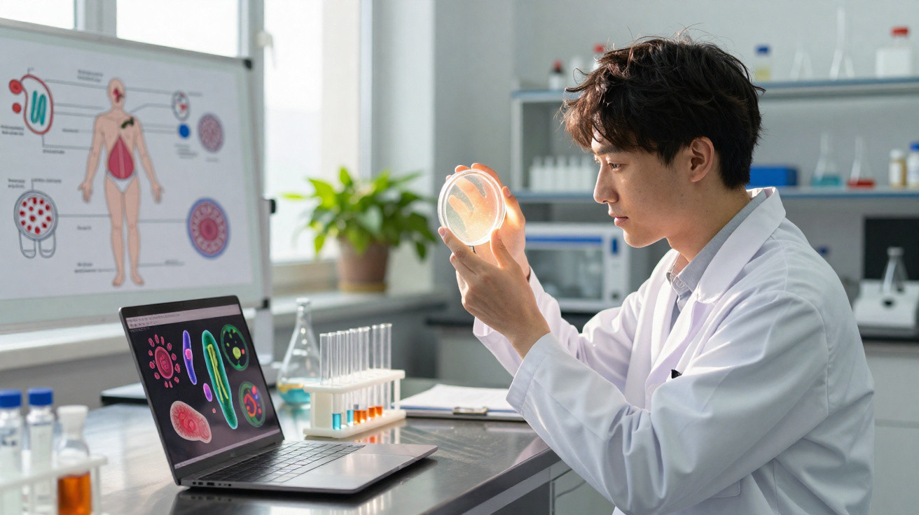 Jeune scientifique examinant une boîte de pétri près d'un ordinateur affichant des images de micro-organismes.