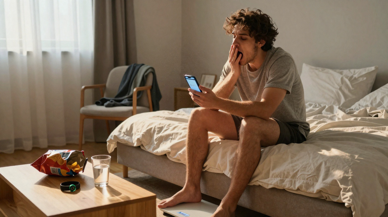 Jeune homme assoupi sur un lit, tenant un smartphone dans une chambre lumineuse et désordonnée.