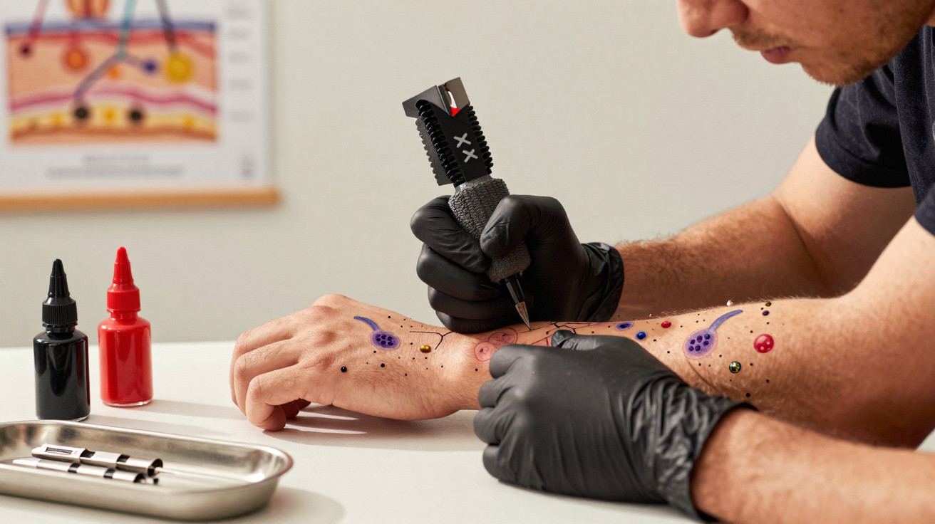 Tatoueur avec gants noirs réalisant un tatouage coloré sur l'avant-bras d'un client en consultation.