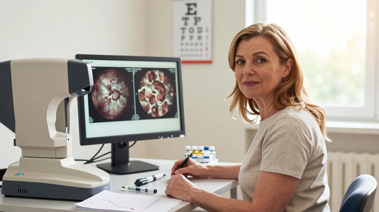 Femme médecin analysant des images de fond d'œil sur un écran d'ordinateur dans un cabinet médical.