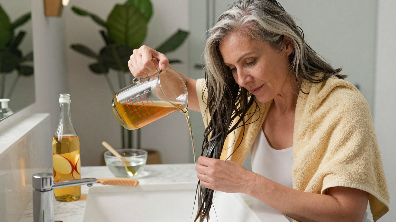 Femme aux cheveux gris appliquant un soin liquide sur ses cheveux dans une salle de bain.
