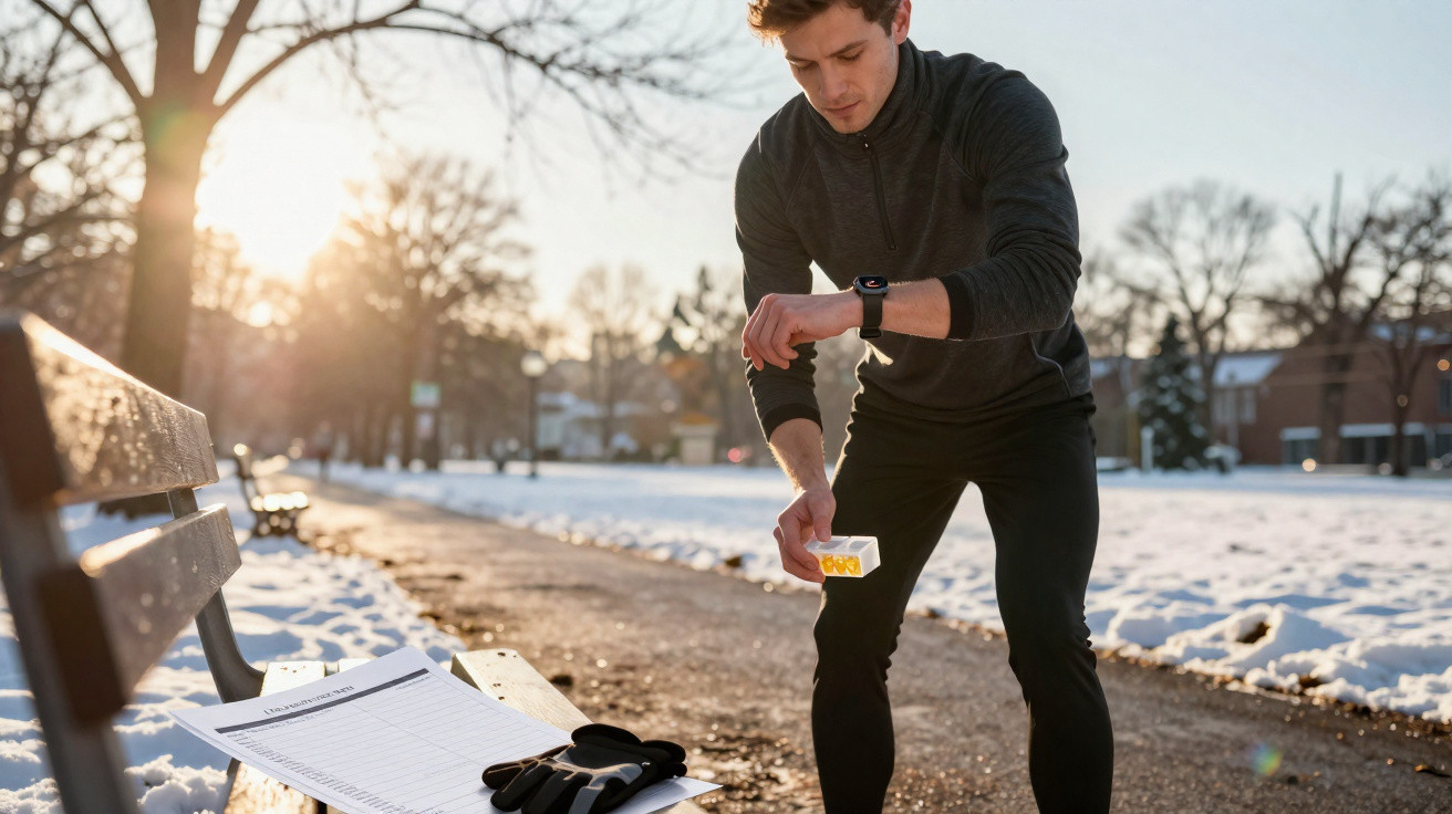 Un homme en tenue de sport prépare des plaquettes de gel sur un banc enneigé au lever du soleil.