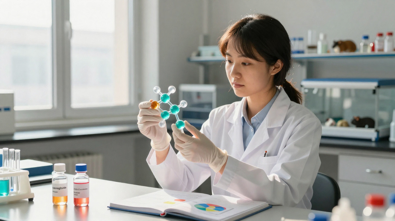 Chercheuse en blouse blanche manipulant un modèle moléculaire dans un laboratoire lumineux.