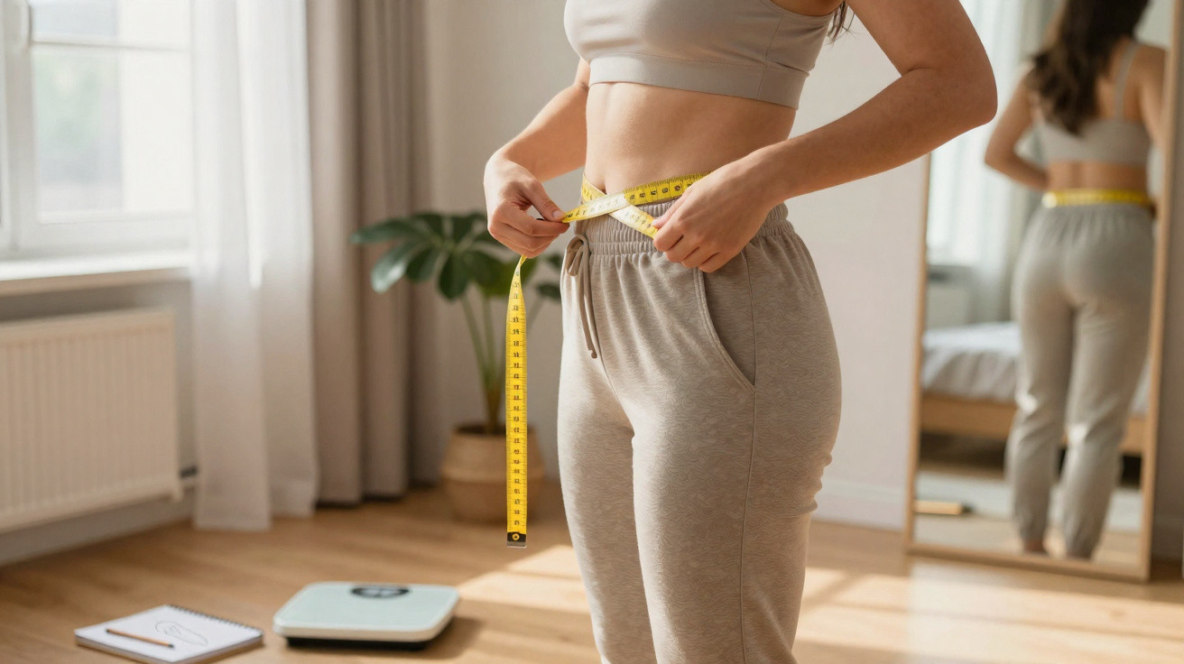 Femme mesurant son tour de taille avec un mètre ruban dans une pièce lumineuse avec miroir et pèse-personne.