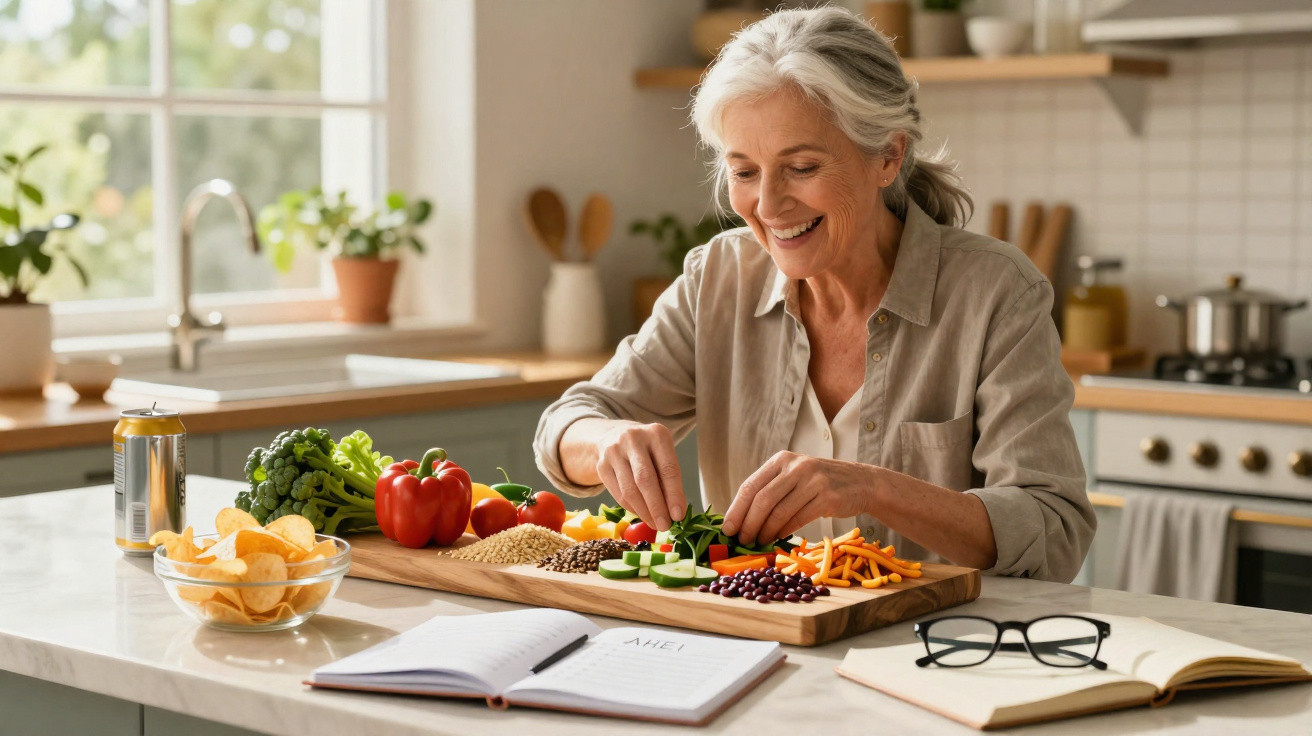 Femme âgée souriante préparant des légumes frais dans une cuisine lumineuse avec un carnet ouvert et des lunettes.