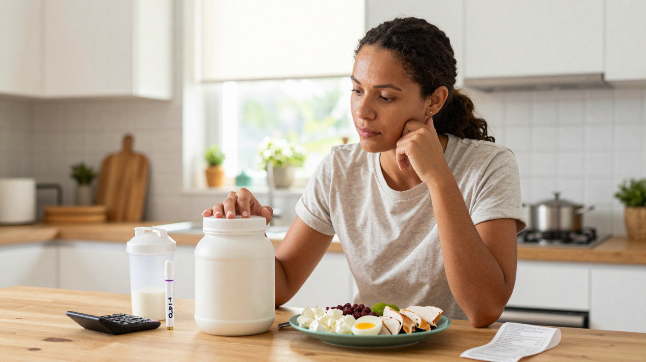 Femme réfléchissant en cuisine devant un pot de protéines, un shaker et une assiette de repas équilibré.