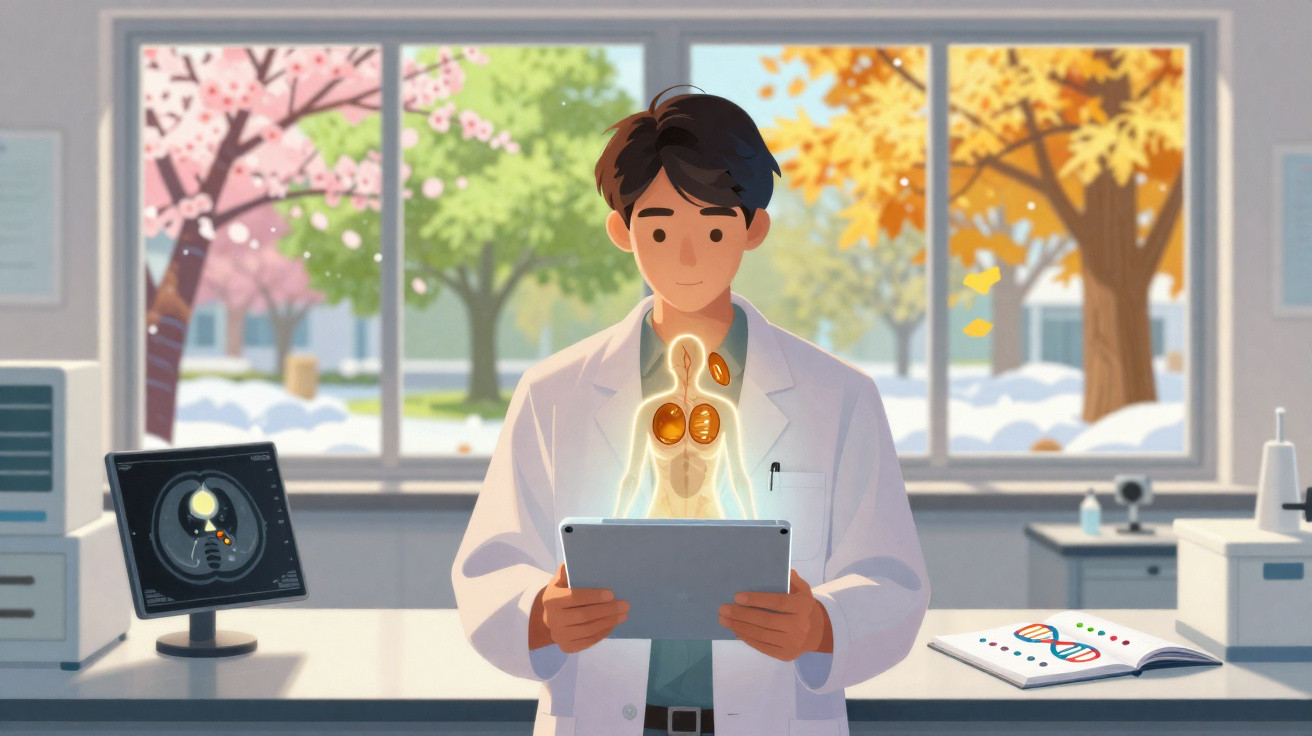 Chercheur en blouse blanche utilisant une tablette avec hologramme d’un corps humain dans un laboratoire lumineux.