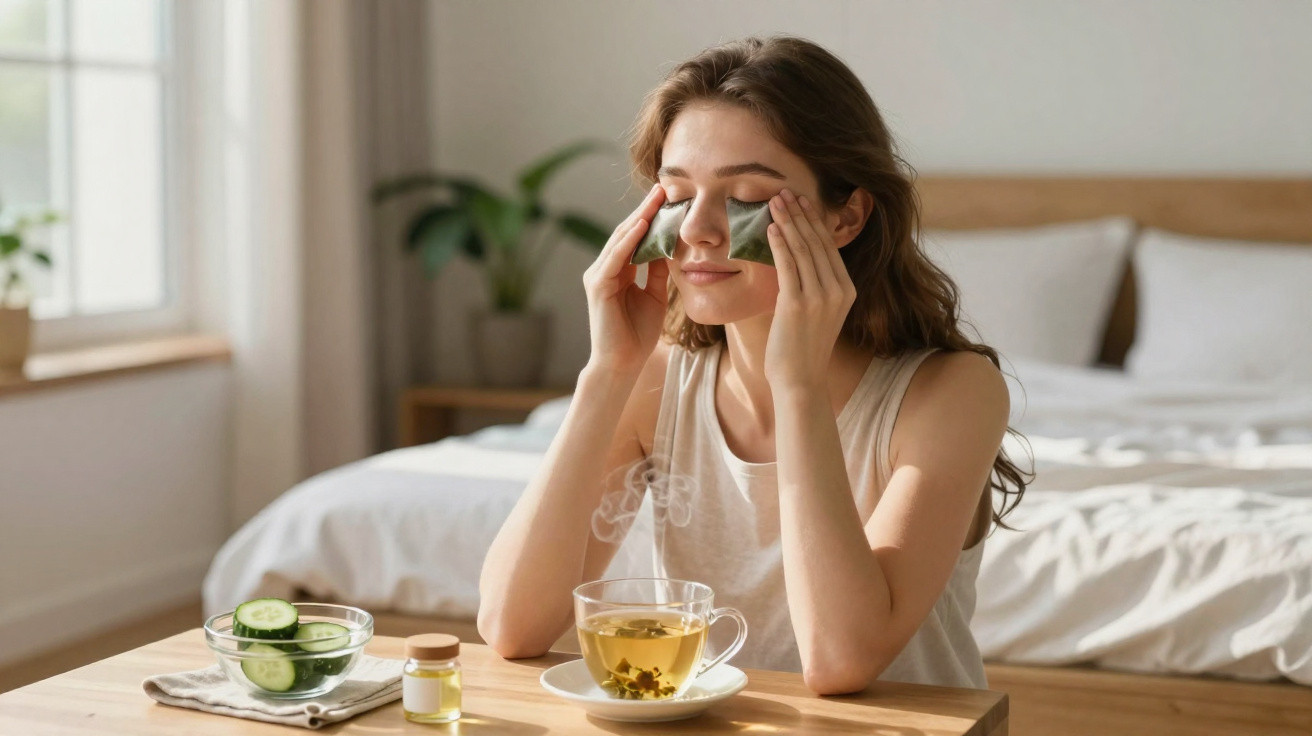 Femme détendue appliquant des compresses au concombre sur les yeux, assise à une table avec thé et huile essentielle.
